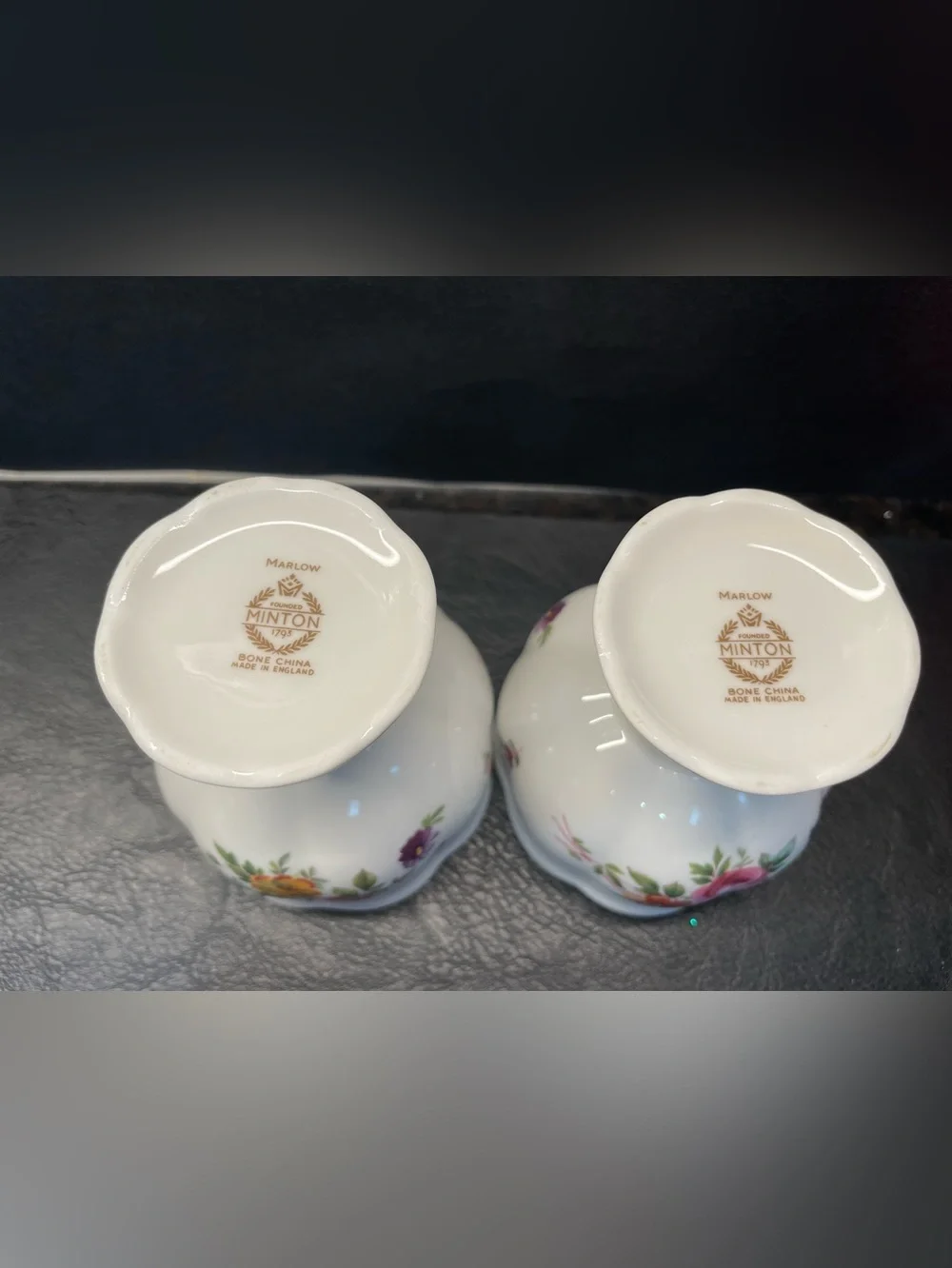 2 vtg Minton Bone China Marlow pattern floral Votive Candle Holders England